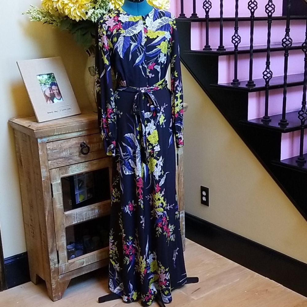 NWT DVF Camden Black 100% Silk Floral Maxi Dress - SZ8